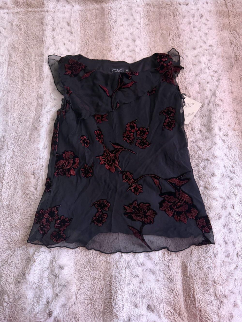 Rampage Black Sheer Floral Embroidered Tank with Burgundy Flowers